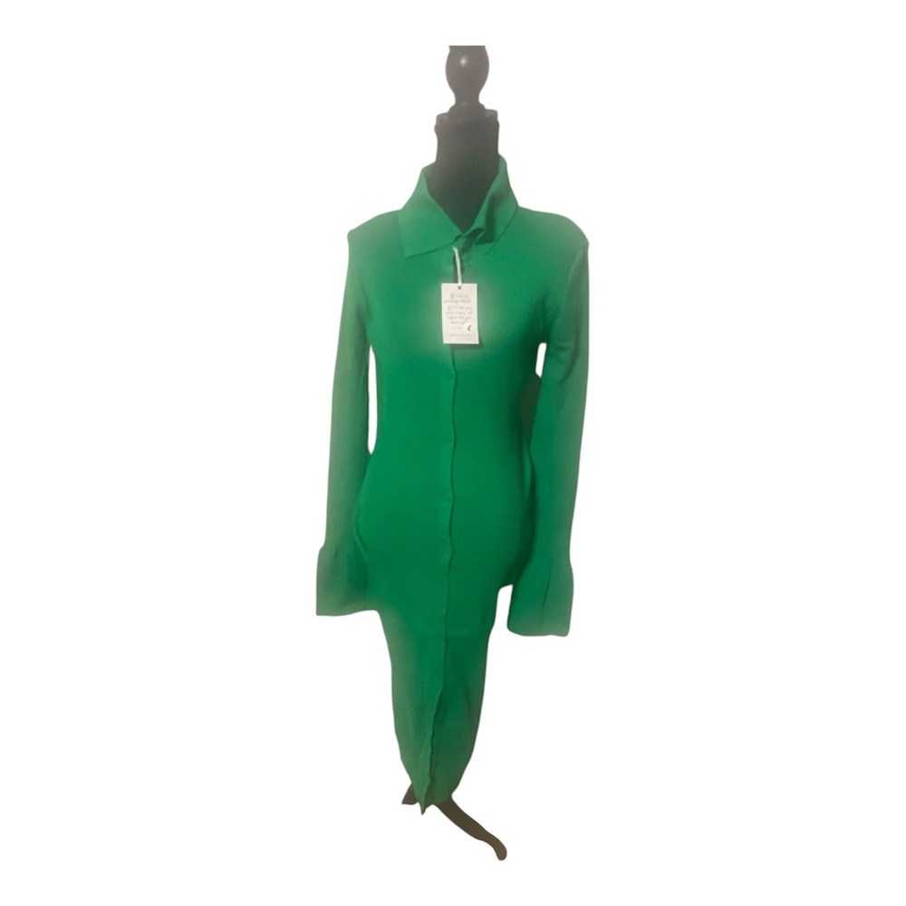 Chase Avery Green Ribbed Knit Button Down Maxi Dress Long Sleeve Size L NEW